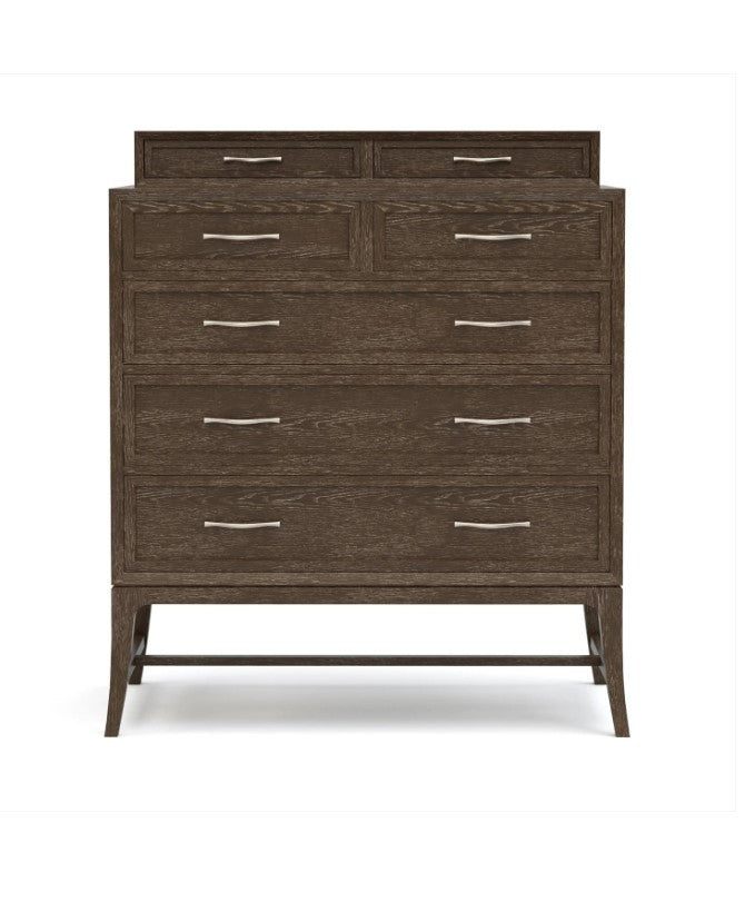 Wooden dresser with multiple drawers on a white background