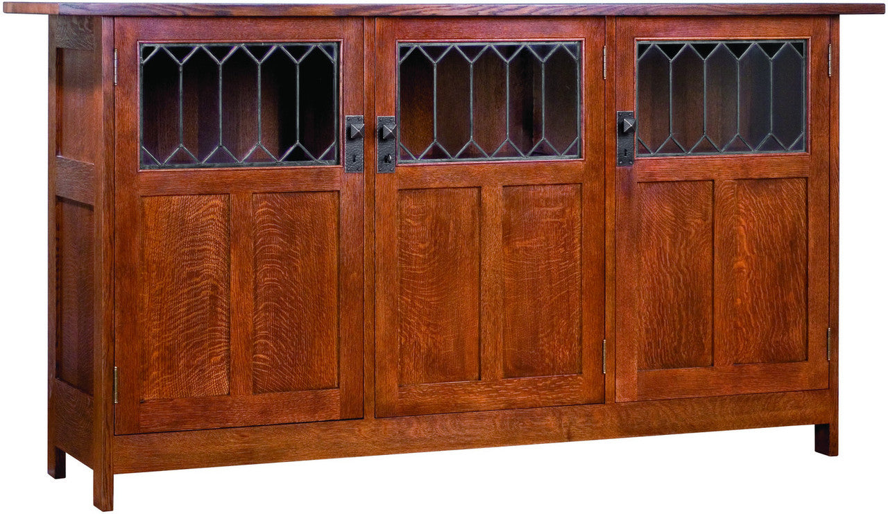 Wooden sideboard with glass panels on a white background