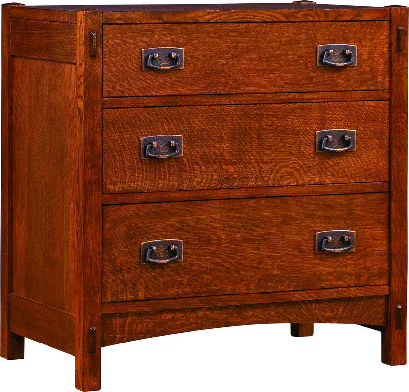 Wooden dresser with four drawers and metal handles on a white background