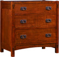 Wooden dresser with four drawers and metal handles on a white background