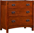 Wooden dresser with four drawers and metal handles on a white background