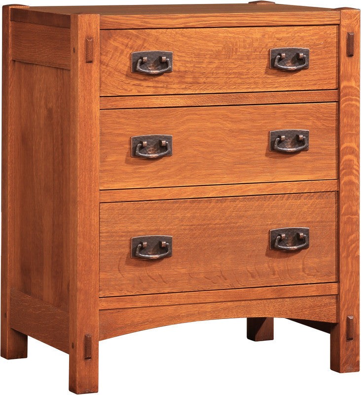Wooden dresser with four drawers and metal handles on a white background