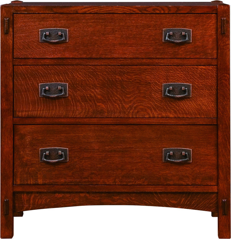 Wooden dresser with four drawers and metal handles on a white background