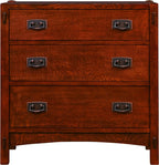 Wooden dresser with four drawers and metal handles on a white background