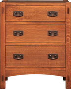 Wooden dresser with four drawers and metal handles on a white background