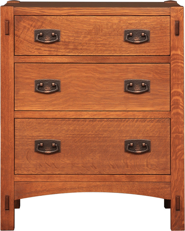 Wooden dresser with four drawers and metal handles on a white background