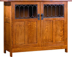 Wooden cabinet with glass panels on a white background. 