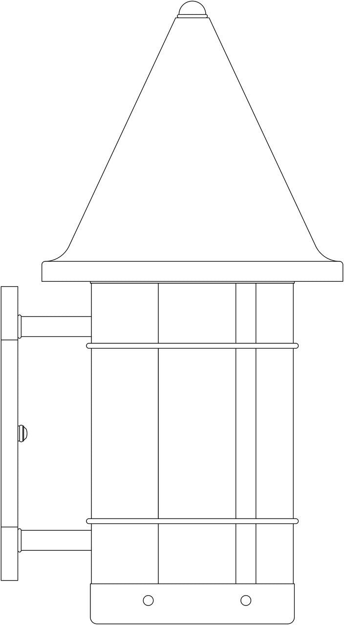 Line drawing of a wall mounted light fixture with a conical roof