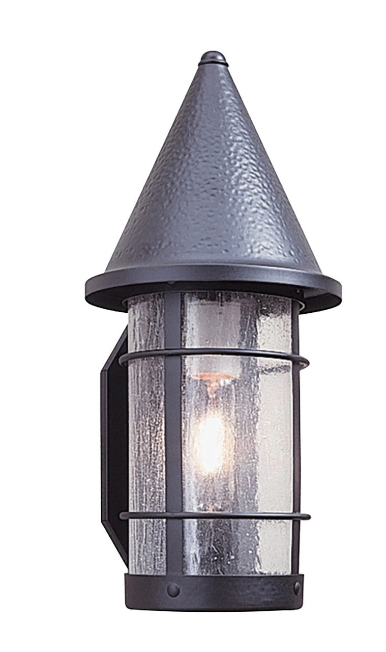 Outdoor wall light fixture with conical top on a white background