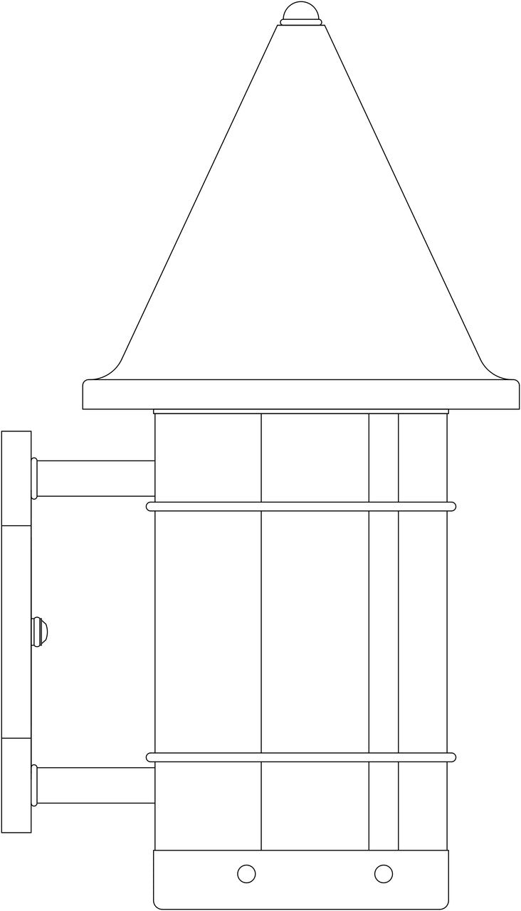 Line drawing of a cylindrical metal wall mounted light fixture with a conical top