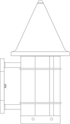 Line drawing of a cylindrical metal wall mounted light fixture with a conical top