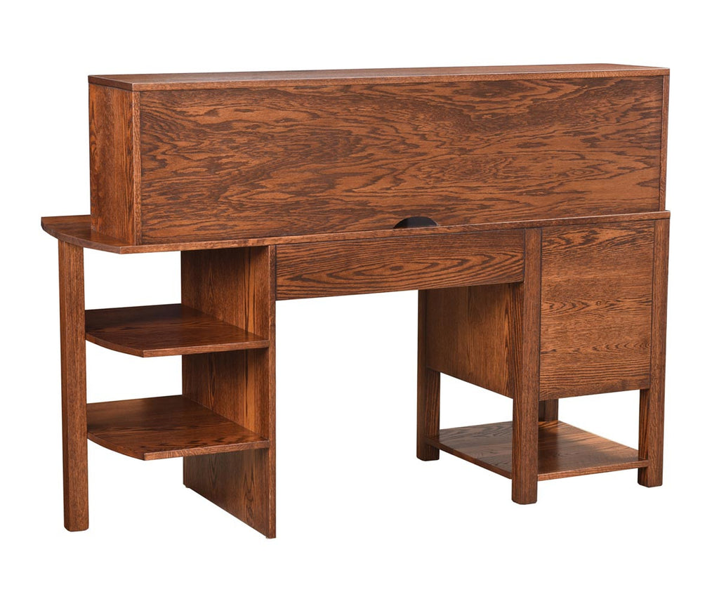 Wooden desk with a drawer and shelves on a white background