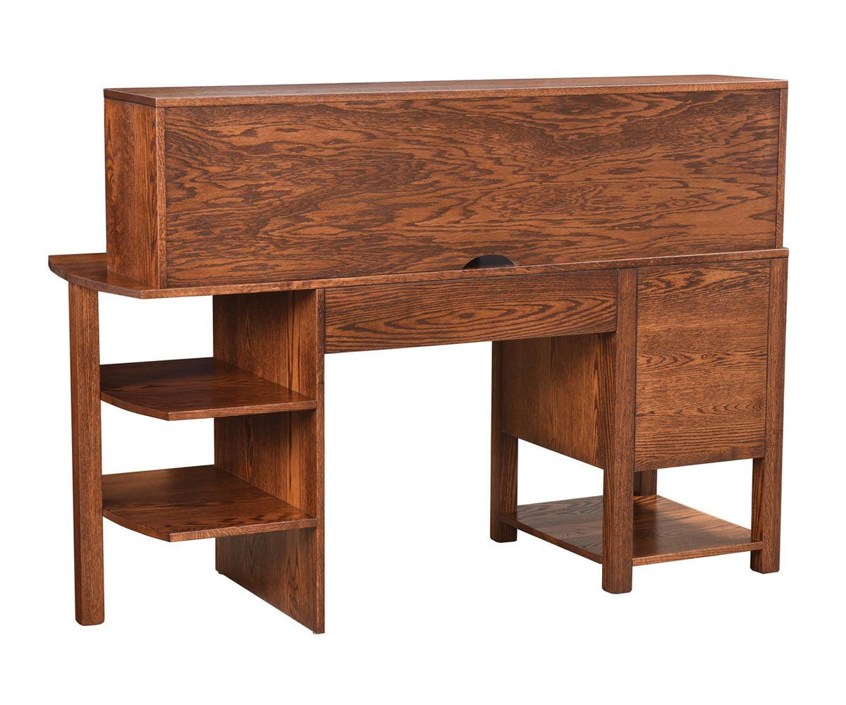 Wooden desk with a drawer and shelves on a white background