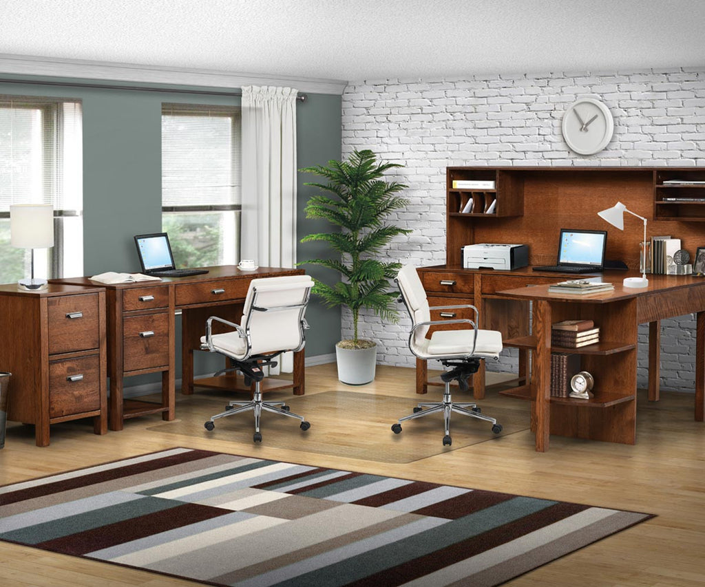 Modern office with wooden desks, chairs, and decor elements.
