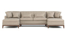 A modern three-seater sectional sofa with a left-facing chaise and a right-facing chaise, upholstered in a textured light beige fabric with dark brown wooden legs, shown against a plain white background.