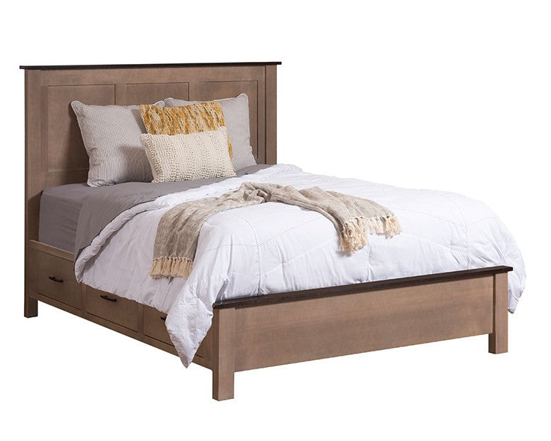 A rustic-style platform bed frame in a medium brown wood finish, shown with white bedding, gray sheets, and decorative pillows on a solid white background.