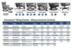 Stressless Reno family chair measurements chart with various base options.