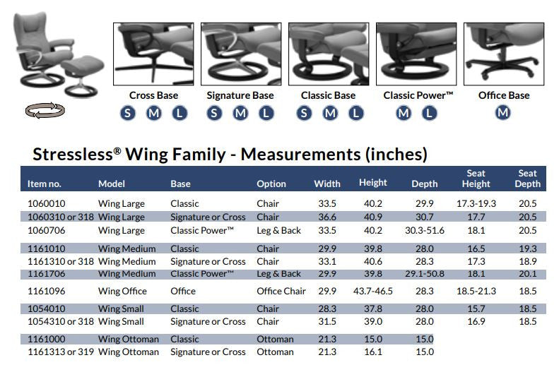 Stressless Reno family chair measurements chart with various base options.