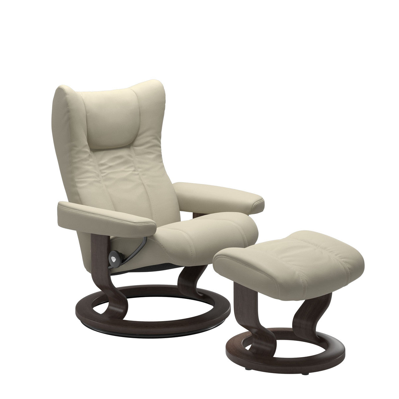 Beige recliner chair with ottoman on a white background