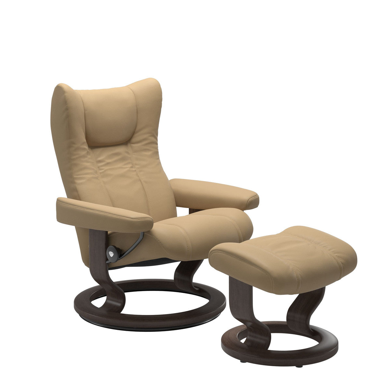 Beige armchair with ottoman on a white background