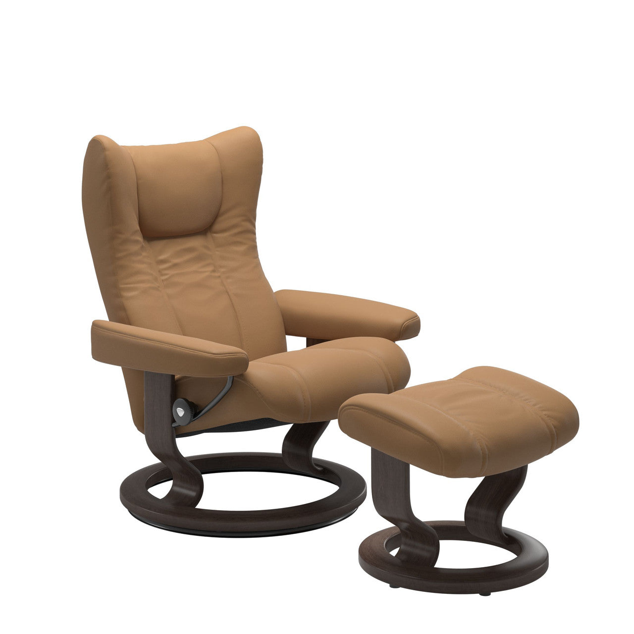 Brown leather recliner chair with ottoman on a white background