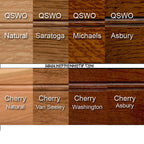 Wooden panel with various wood finishes labeled, including QSWO and Cherry.