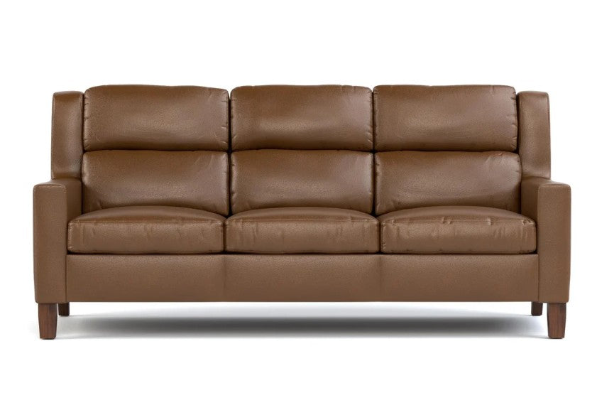 A three-seat leather sofa in a warm brown color, featuring plush segmented back cushions and seat cushions, supported by short wooden legs, shown against a plain white background.