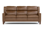 A three-seat leather sofa in a warm brown color, featuring plush segmented back cushions and seat cushions, supported by short wooden legs, shown against a plain white background.