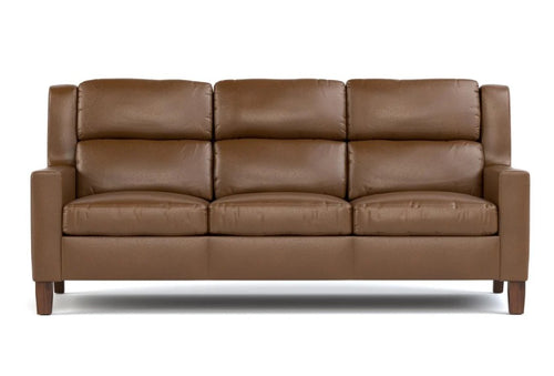 A three-seat leather sofa in a warm brown color, featuring plush segmented back cushions and seat cushions, supported by short wooden legs, shown against a plain white background.