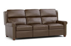 A three-seat brown leather reclining sofa with padded back cushions, rolled arms, and nailhead trim, shown on a plain white background.