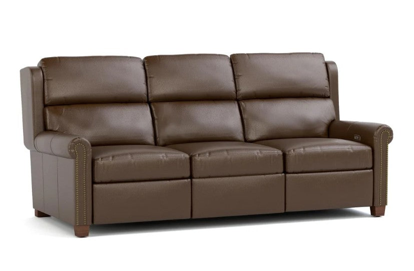 A three-seat brown leather reclining sofa with padded back cushions, rolled arms, and nailhead trim, shown on a plain white background.