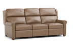 A three-seat leather reclining sofa in a warm taupe-brown color, shown from a three-quarter angle against a plain white background.
