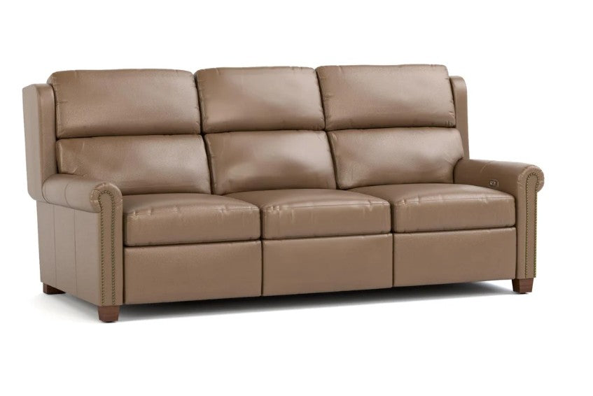 A three-seat leather reclining sofa in a warm taupe-brown color, shown from a three-quarter angle against a plain white background.
