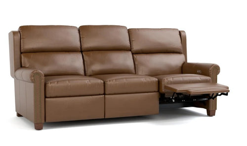A three-seat power reclining leather sofa in brown, with the right armrest extended to show the footrest mechanism, set against a plain white background.