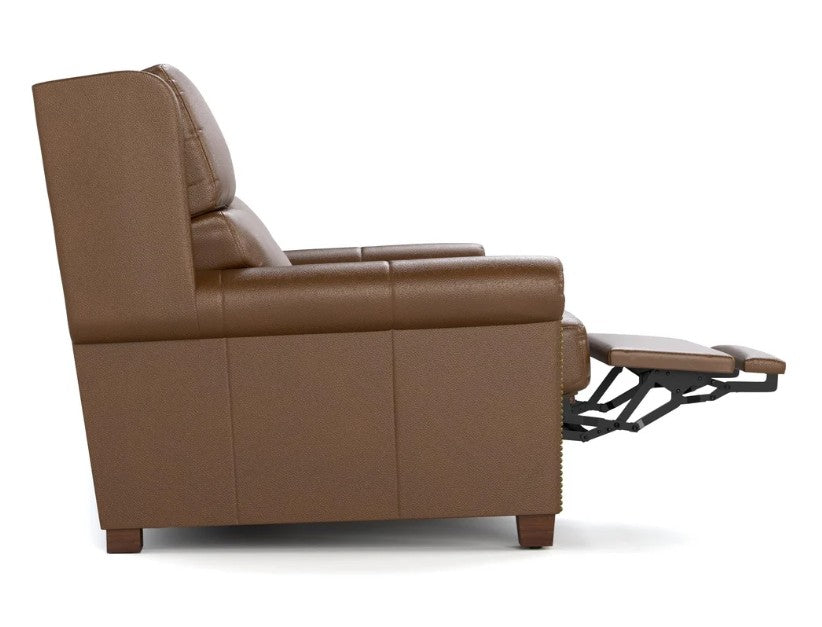 A brown leather recliner chair shown from the side with the footrest extended, photographed on a clean white background.