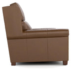 A brown upholstered armchair shown from the side against a plain white background.