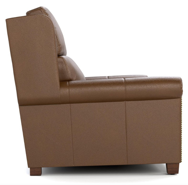 A brown upholstered armchair shown from the side against a plain white background.