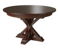 Round wooden table with a dark brown finish on a white background
