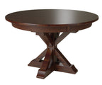 Round wooden table with a dark brown finish on a white background