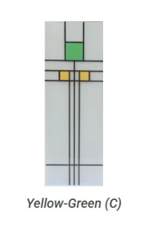 A stained glass design swatch labeled 'Yellow-Green (C)' showing a vertical rectangular panel with a light gray field, black geometric lines, a green square near the top, and two small yellow squares in the middle.