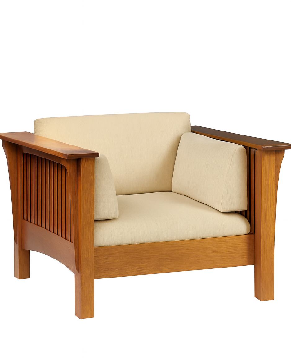 Wooden armchair with beige cushions on a white background