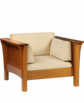 Wooden armchair with beige cushions on a white background