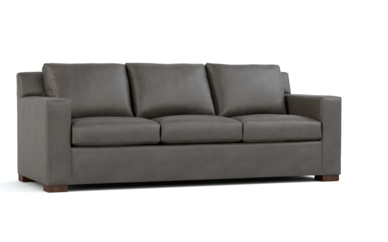 A three-seat gray upholstered sofa with square arms and dark wooden feet, shown from a front angle on a plain white background.