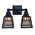 Pair of black outdoor wall lights with glass panels on a white background