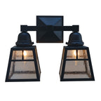 Pair of black outdoor wall lights with glass panels on a white background