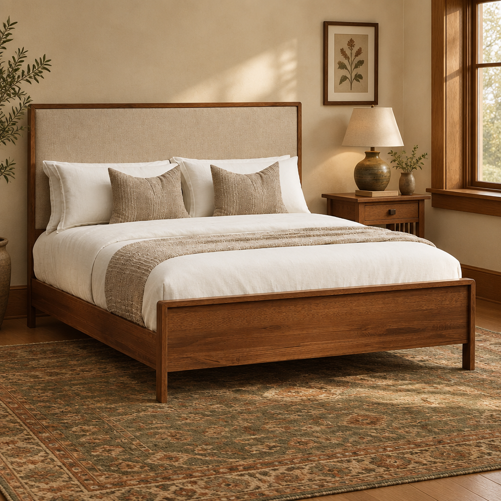 Ashton fabric bed in a warm Craftsman bedroom