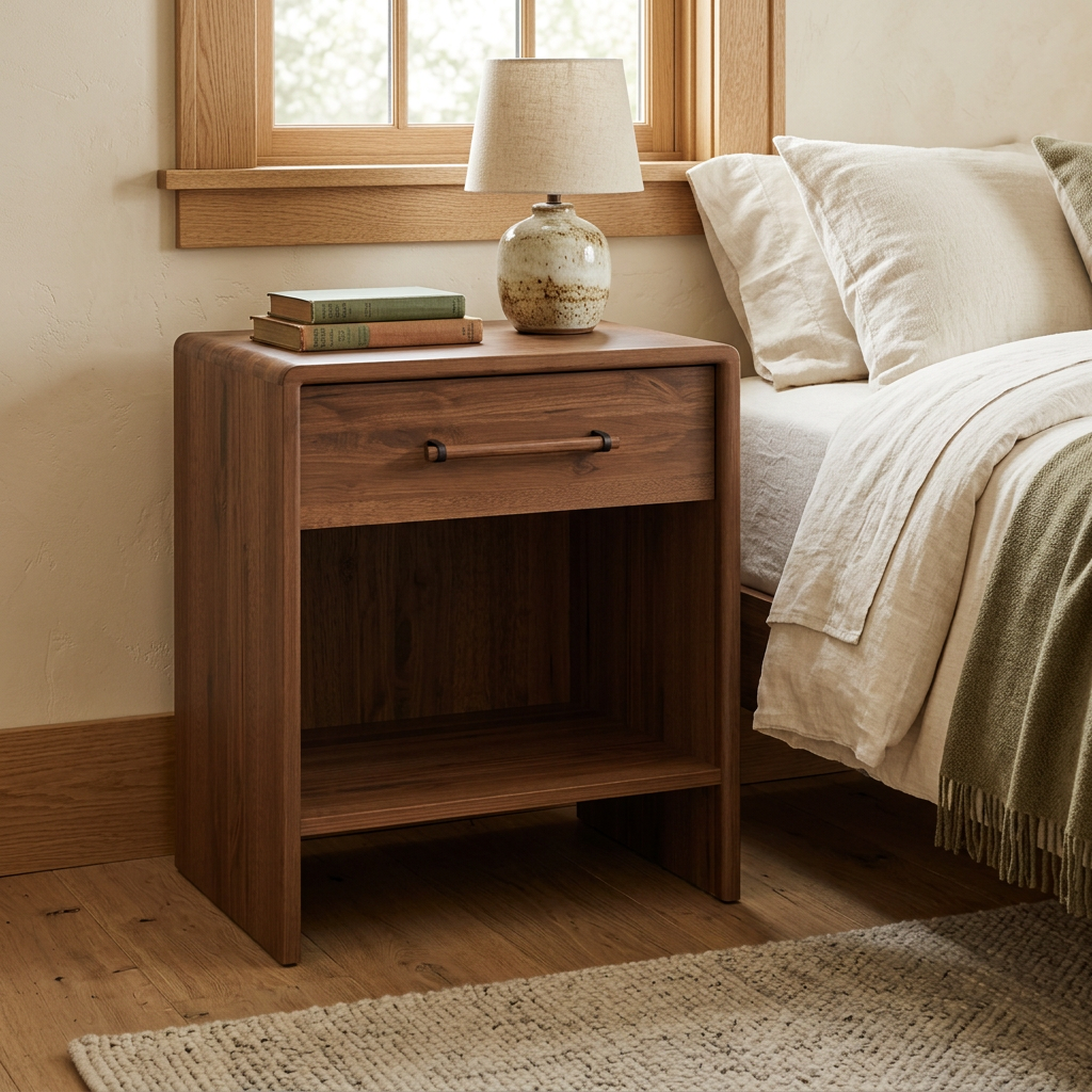 Ashton nightstand lifestyle image in a warm Craftsman bedroom