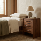 Ashton three-drawer nightstand in a warm upscale bedroom