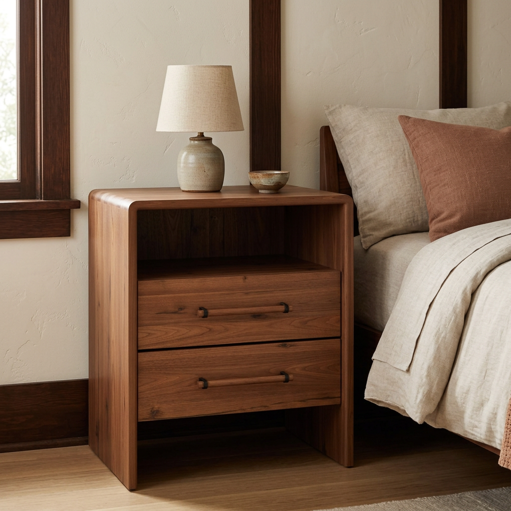 Ashton two-drawer nightstand in a warm Craftsman bedroom