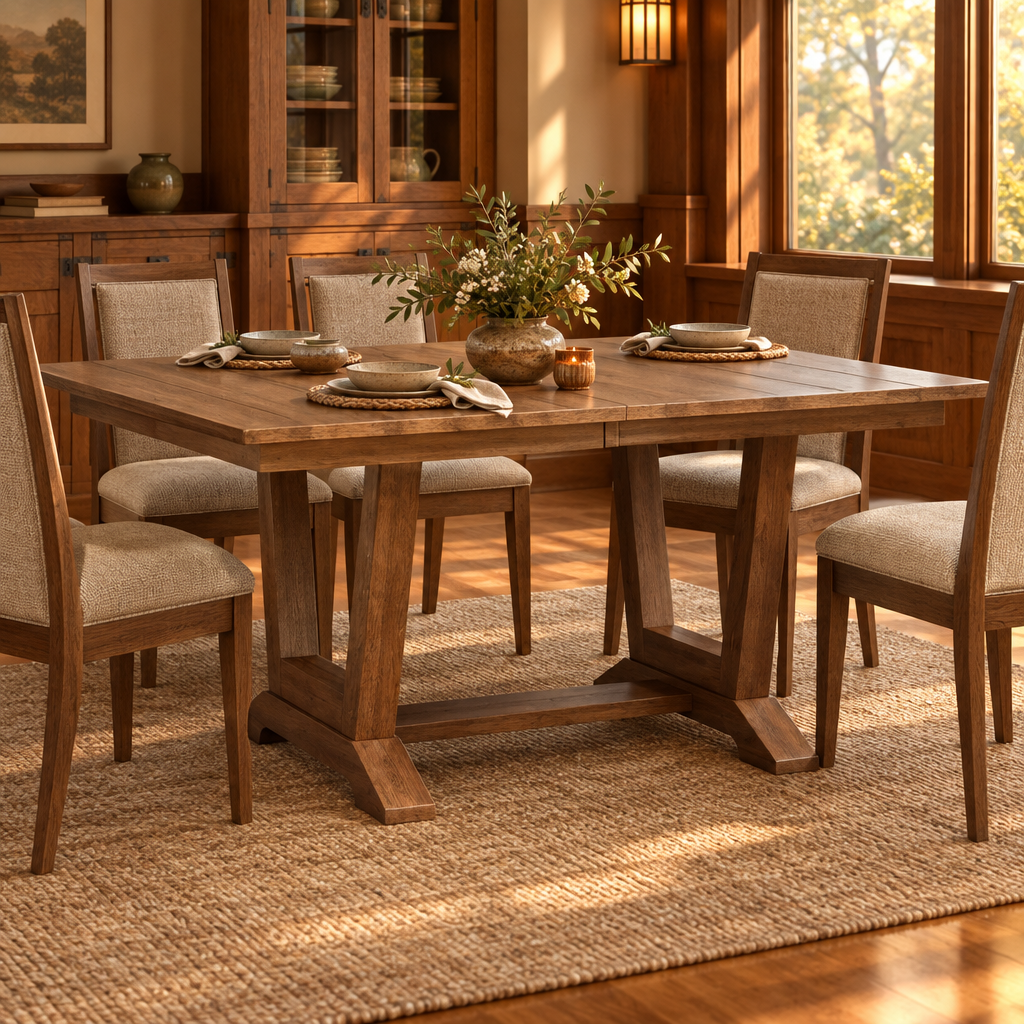 Atlas double-pedestal table in a warm Mission-style dining room